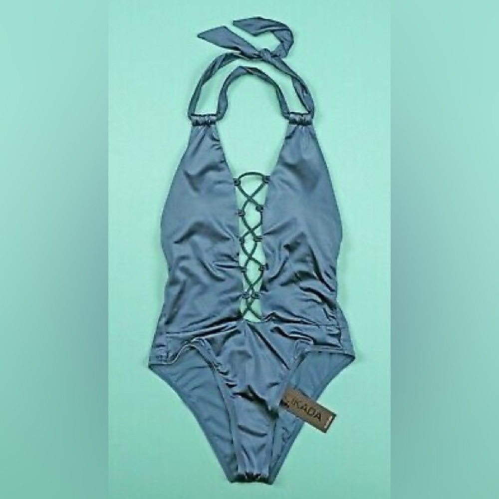 BNWT Cikada blue criss-cross halter one piece